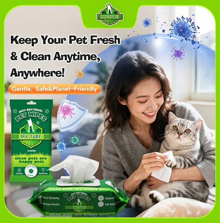 Biodegradable flushable pet wipes on green leaf background
