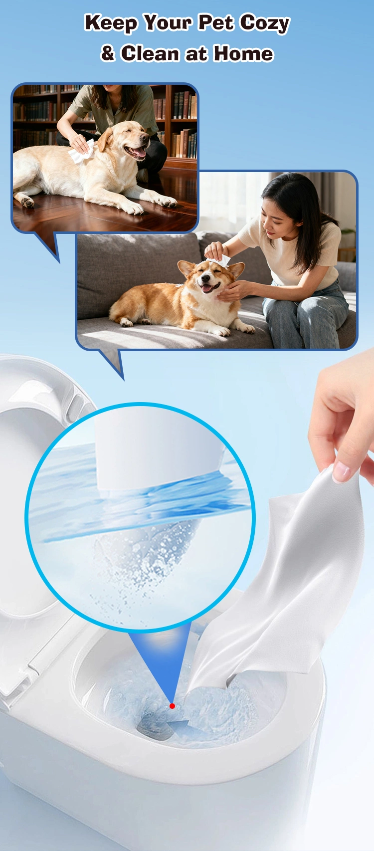 Dog being wiped with flushable pet wipe removing bad odor